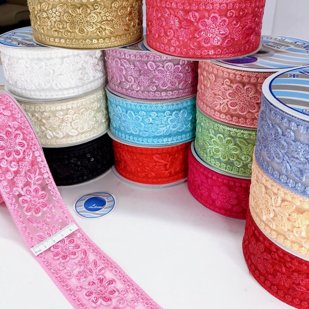 52 mm Flower Design Colour Cotton Thread Embroidery Lace With Sequins Work, view 11