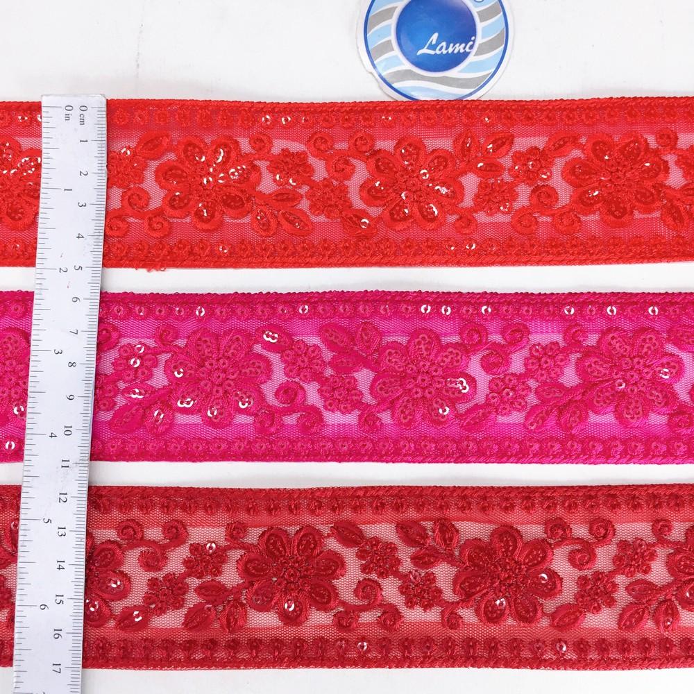 52 mm Flower Design Colour Cotton Thread Embroidery Lace With Sequins Work, view 2