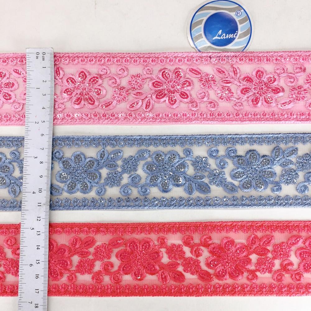 52 mm Flower Design Colour Cotton Thread Embroidery Lace With Sequins Work, view 3