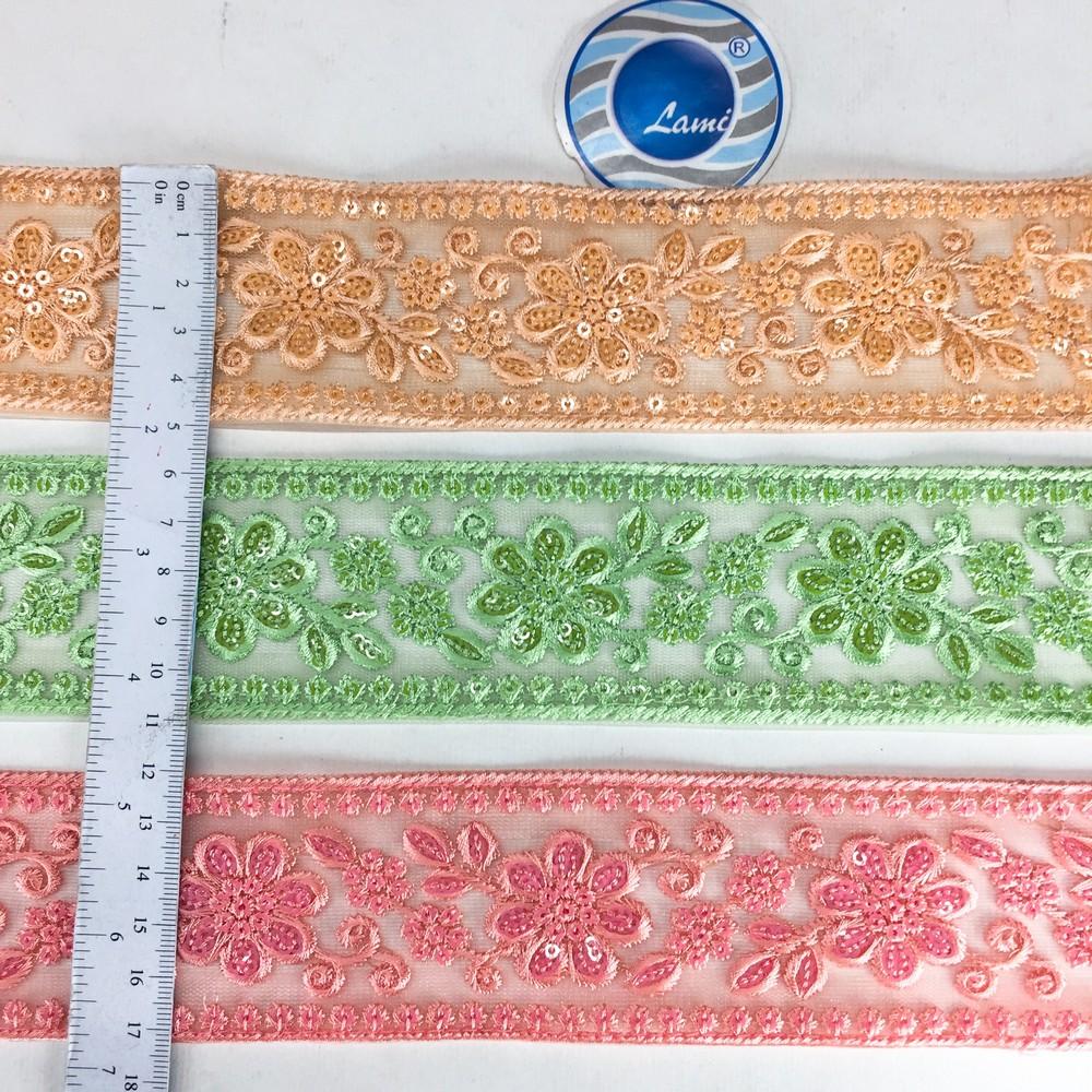 52 mm Flower Design Colour Cotton Thread Embroidery Lace With Sequins Work, view 4