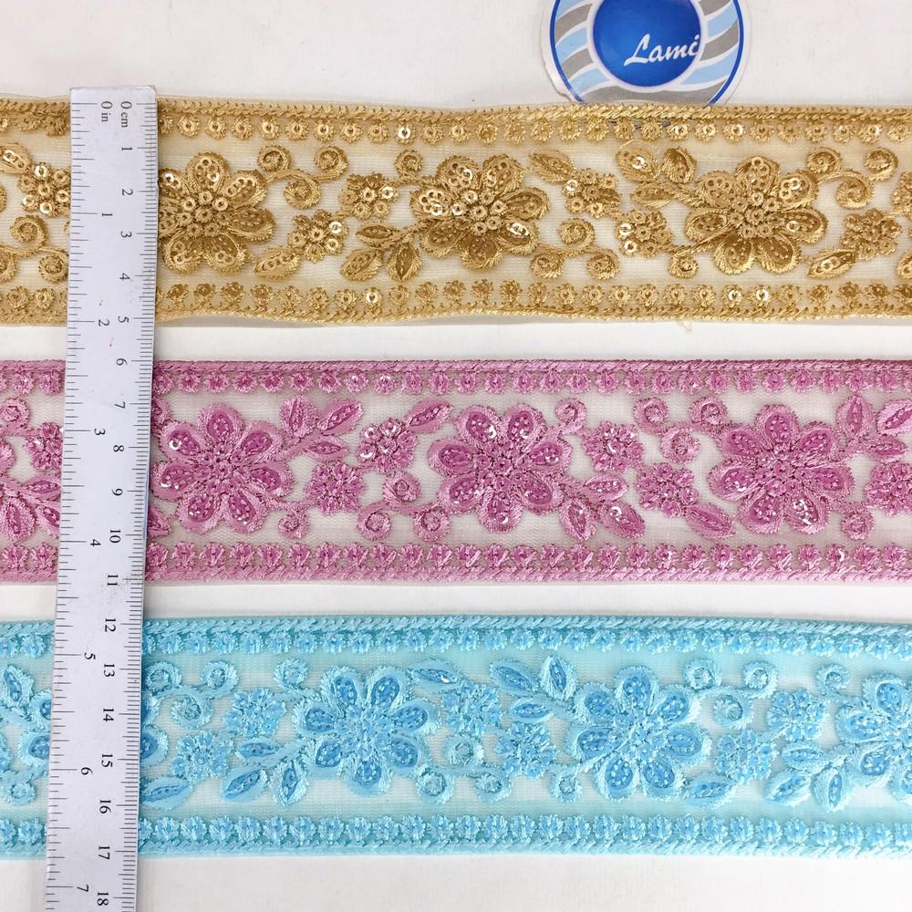 52 mm Flower Design Colour Cotton Thread Embroidery Lace With Sequins Work, view 5
