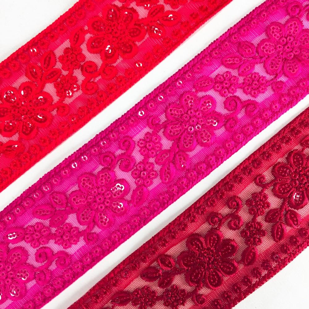 52 mm Flower Design Colour Cotton Thread Embroidery Lace With Sequins Work, view 6