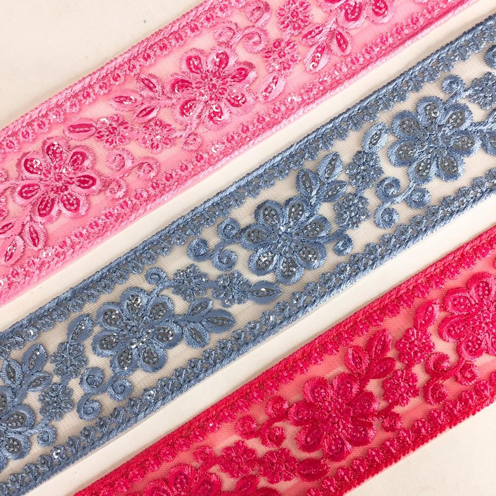52 mm Flower Design Colour Cotton Thread Embroidery Lace With Sequins Work, view 7
