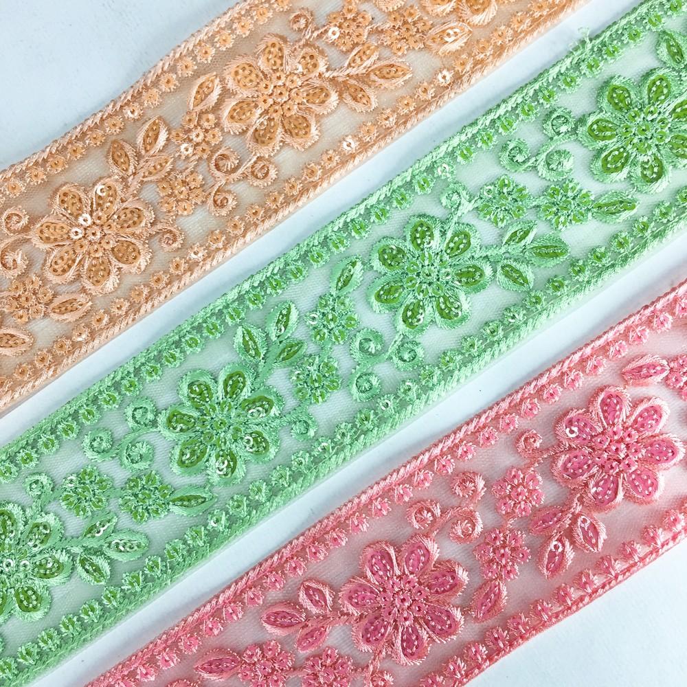 52 mm Flower Design Colour Cotton Thread Embroidery Lace With Sequins Work, view 8
