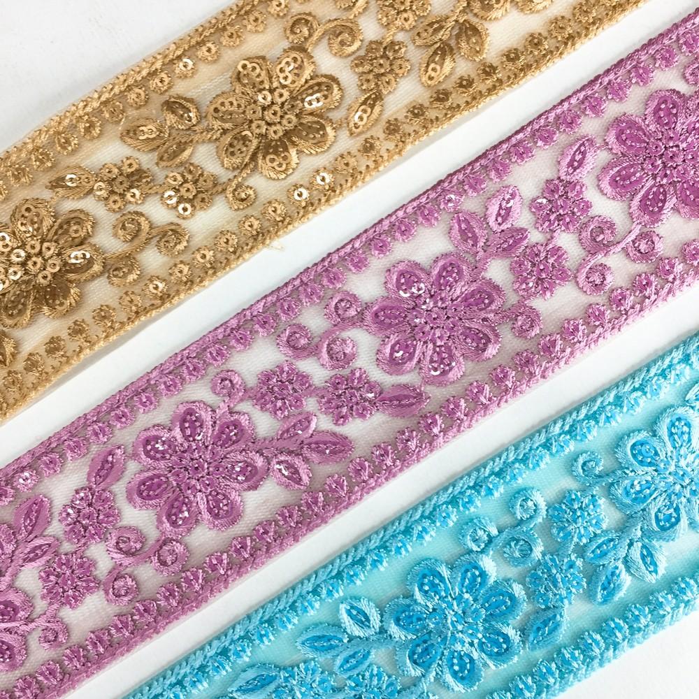 52 mm Flower Design Colour Cotton Thread Embroidery Lace With Sequins Work, view 9