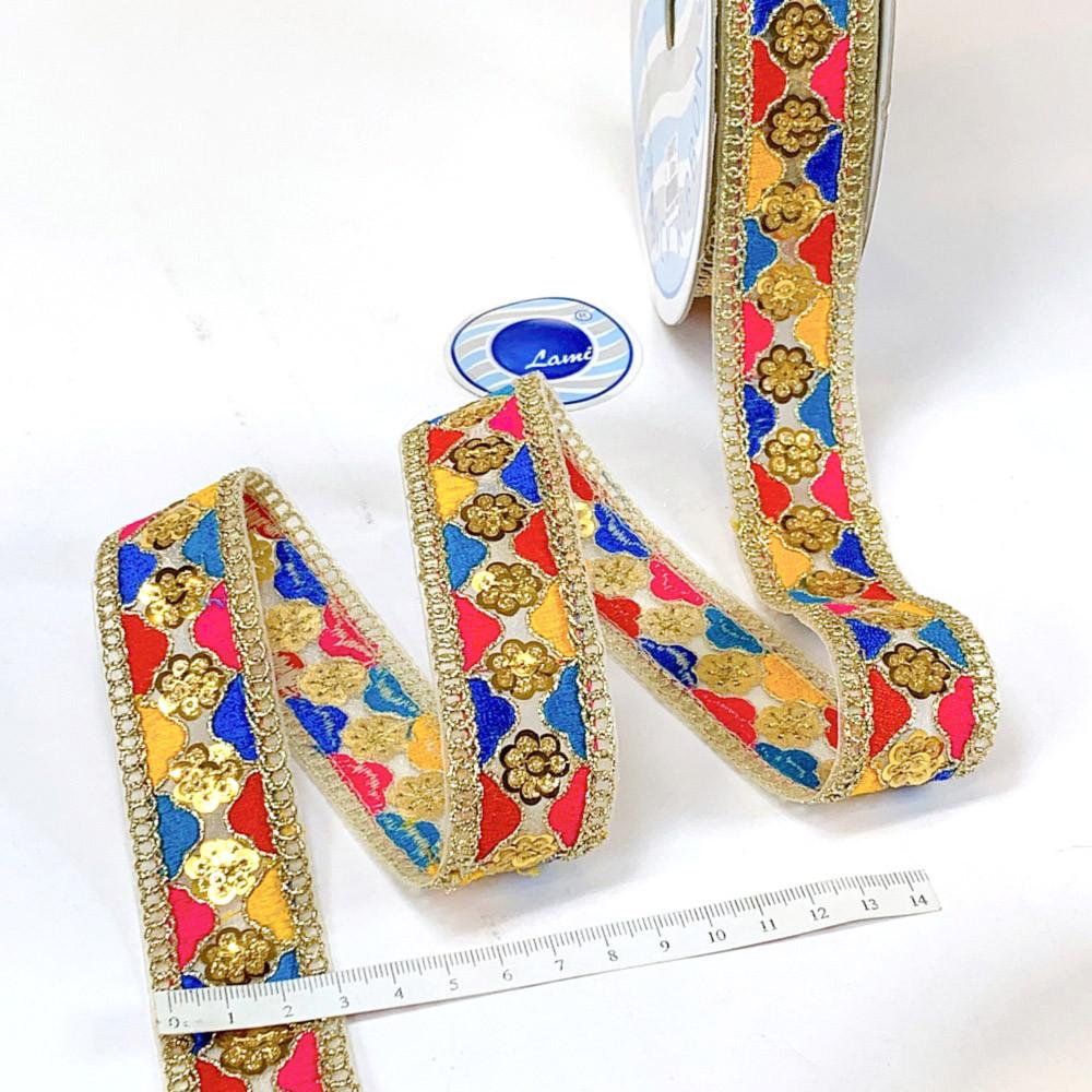 30mm Light Multicolour Embroidery Sequins Flower Design Lace With Dori Work, view 3