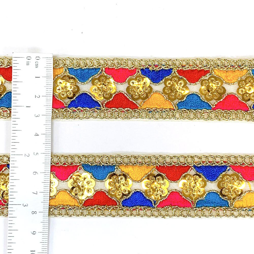 30mm Light Multicolour Embroidery Sequins Flower Design Lace With Dori Work, view 1