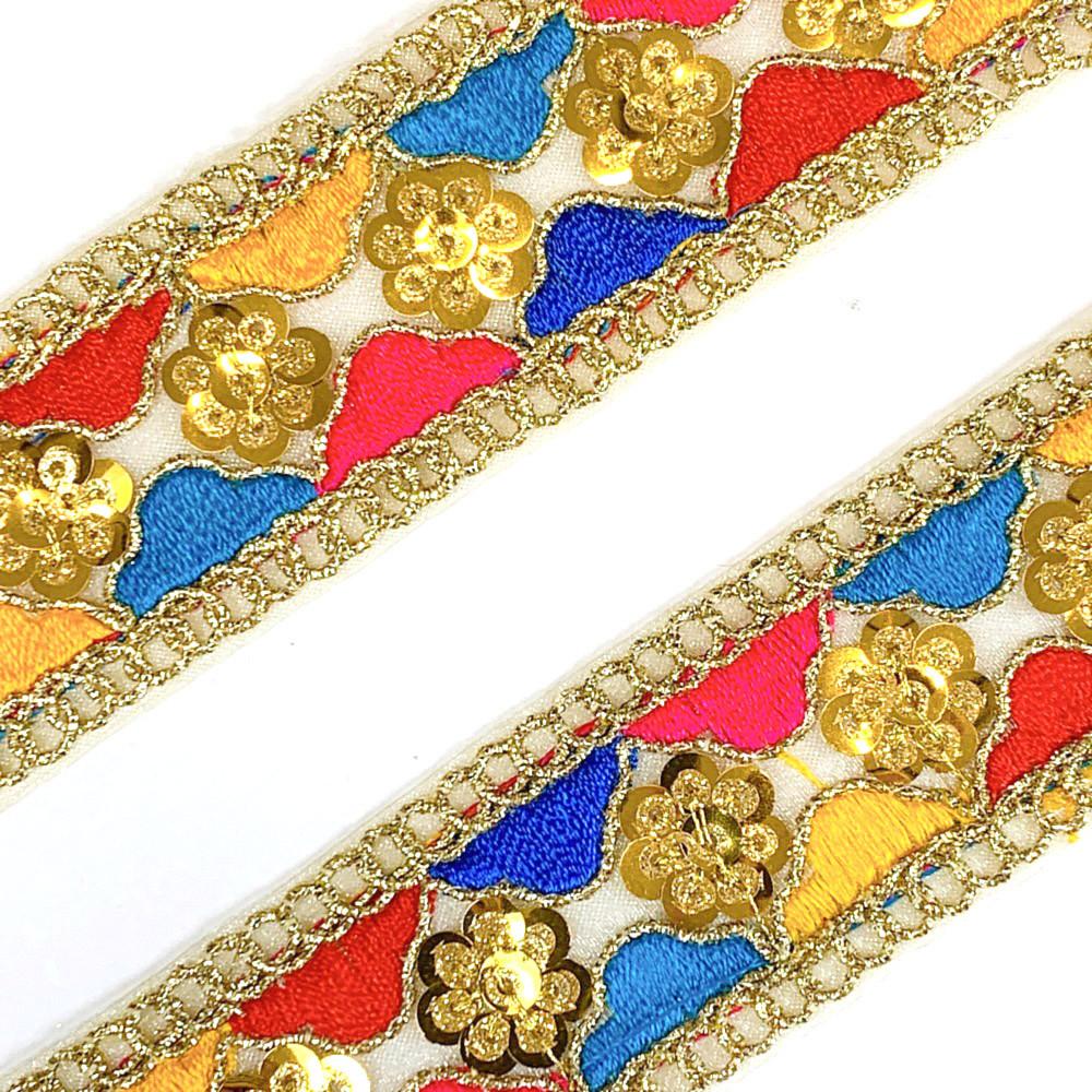 30mm Light Multicolour Embroidery Sequins Flower Design Lace With Dori Work, view 2