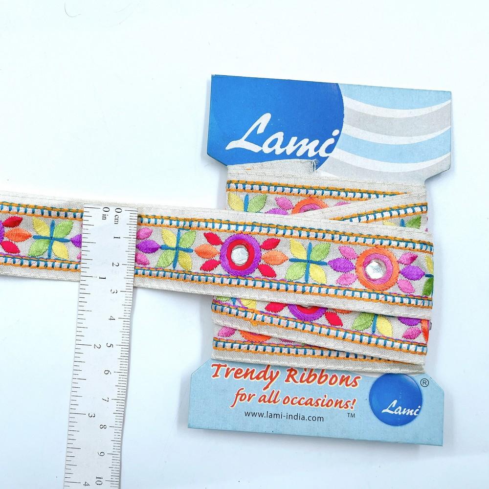 30mm Colorful Mirror Work Floral Embroidery Trim – 1 Meter Pack, view 1