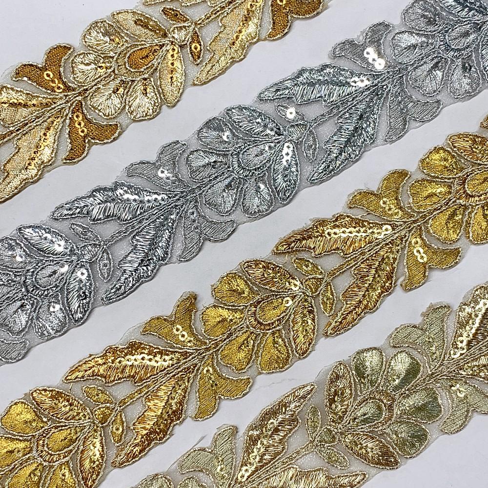 36mm Designer Flower Cutwork Embroidery Lace With Sequins And Dori work, view 2