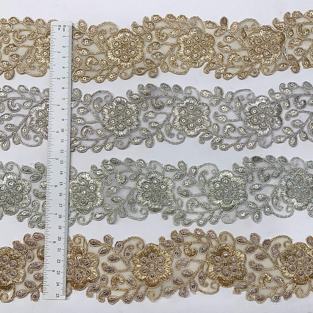 56mm Designer Flower Cutwork Embroidery Lace With Sequins And Dori work, view 1