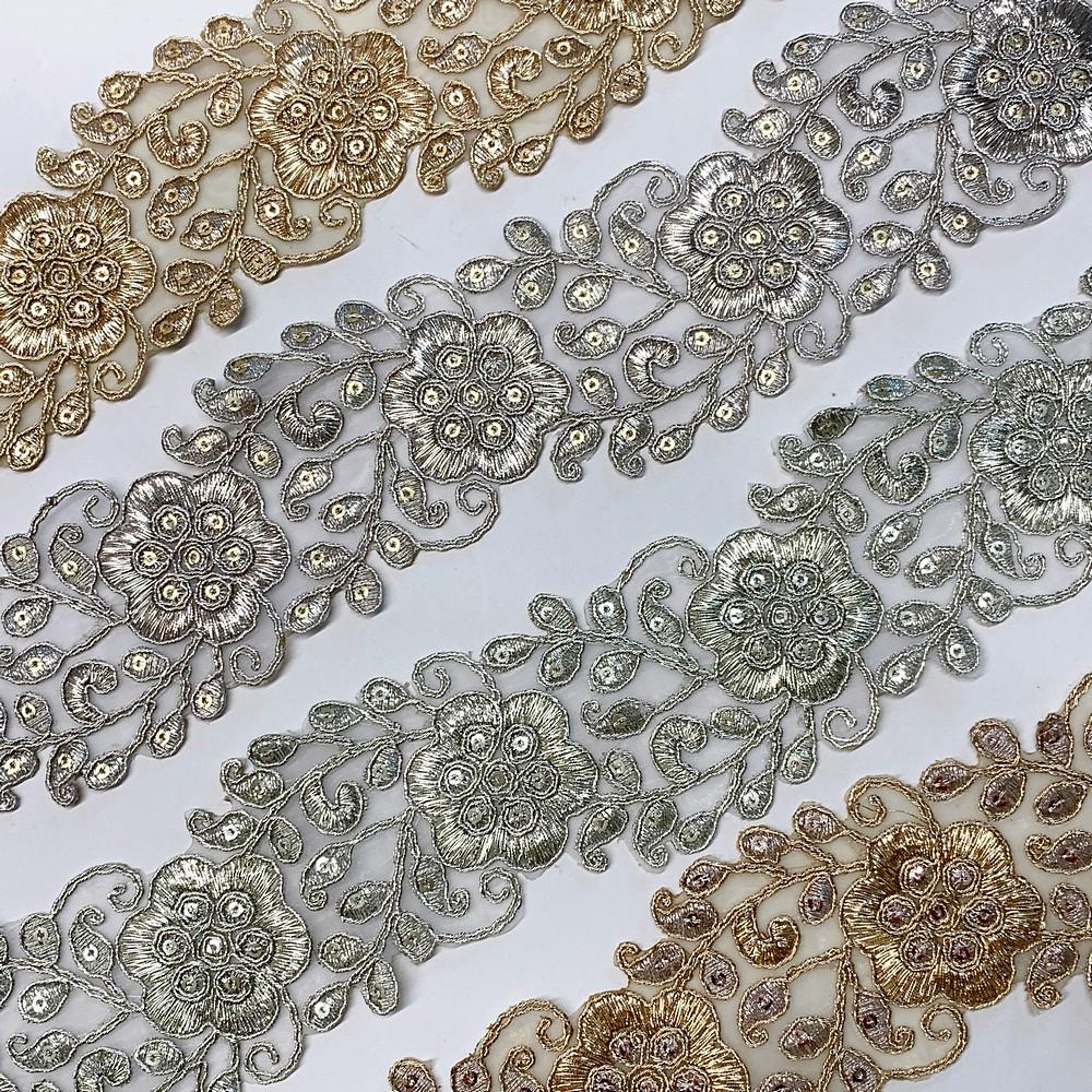 56mm Designer Flower Cutwork Embroidery Lace With Sequins And Dori work, view 2
