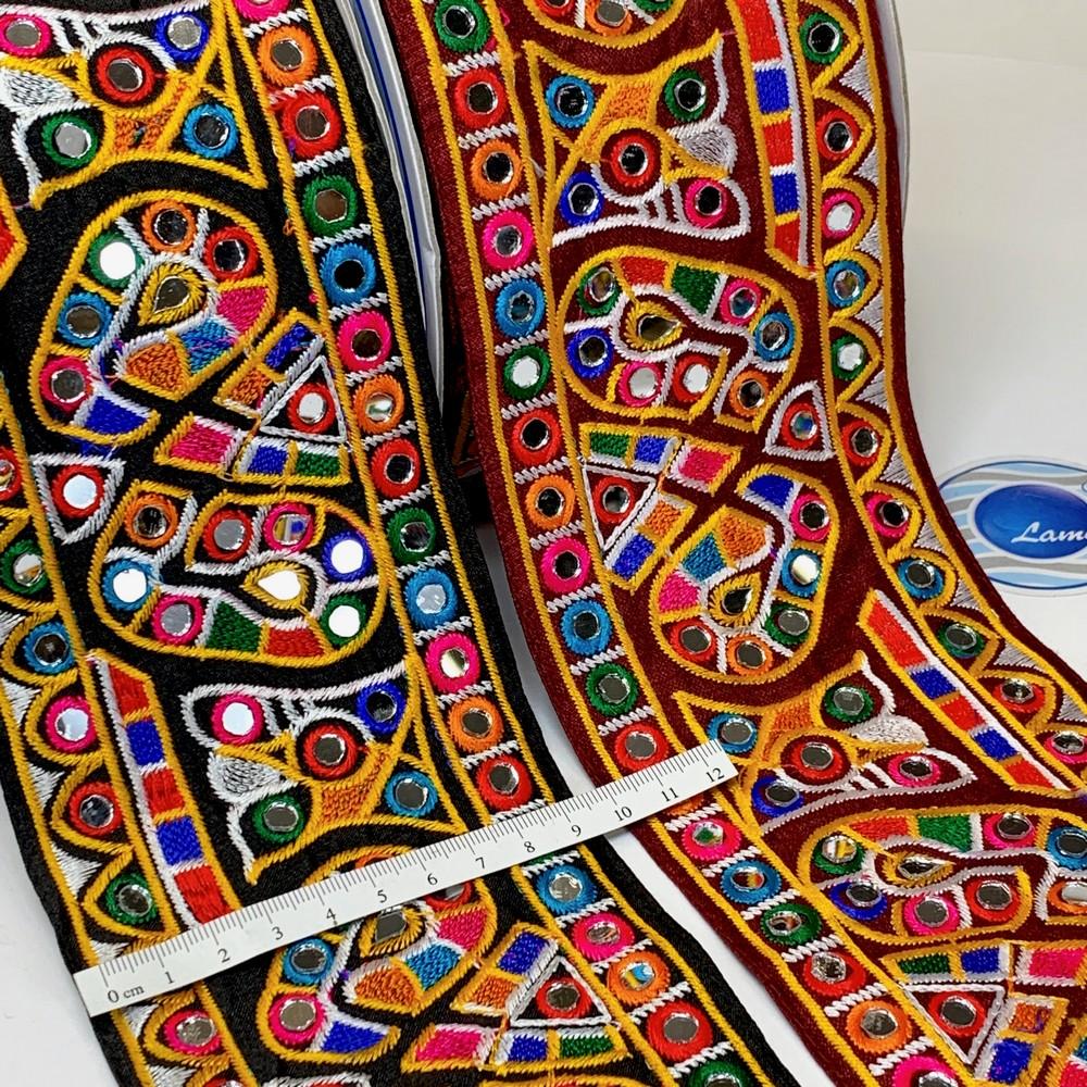 95mm Designer Kutchi Multicolour Embroidery Lace With Mirror Work, view 1