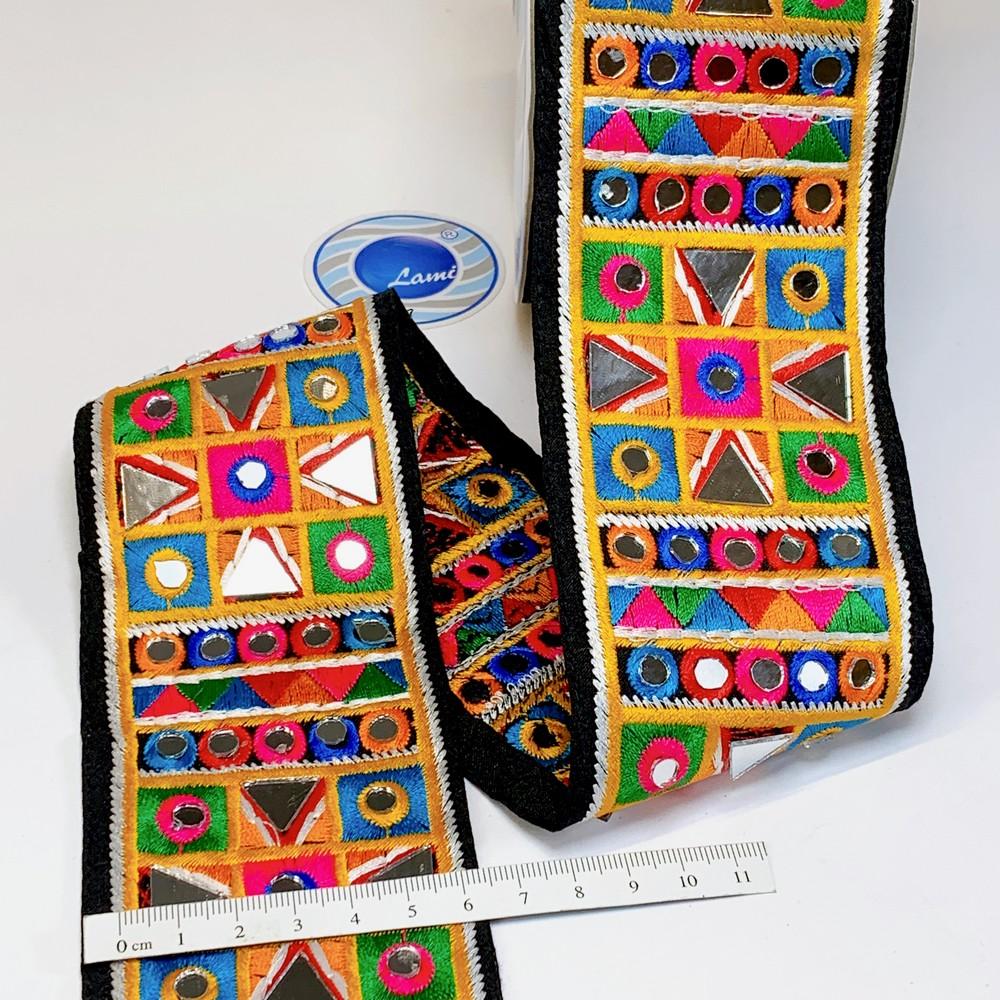 70mm Designer Kutchi Multicolour Embroidery Lace With Mirror Work, view 1