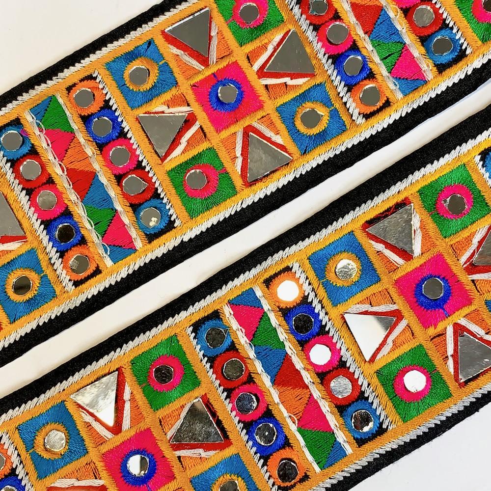 70mm Designer Kutchi Multicolour Embroidery Lace With Mirror Work, view 3