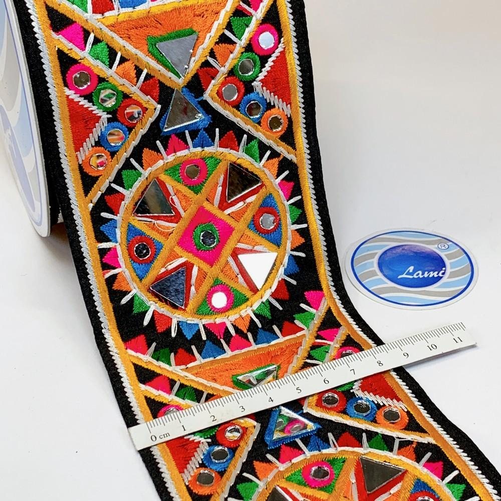 90mm Designer Kutchi Multicolour Embroidery Lace With Mirror Work, view 1