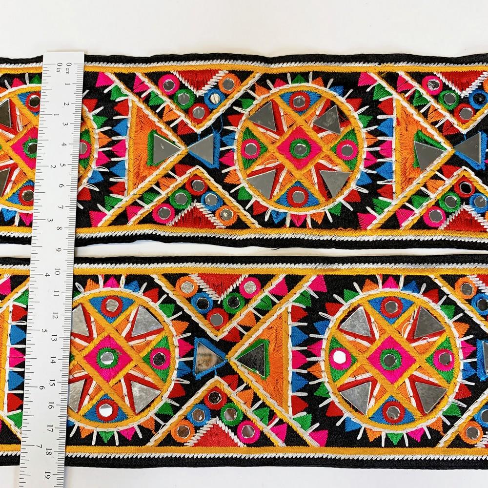 90mm Designer Kutchi Multicolour Embroidery Lace With Mirror Work, view 2