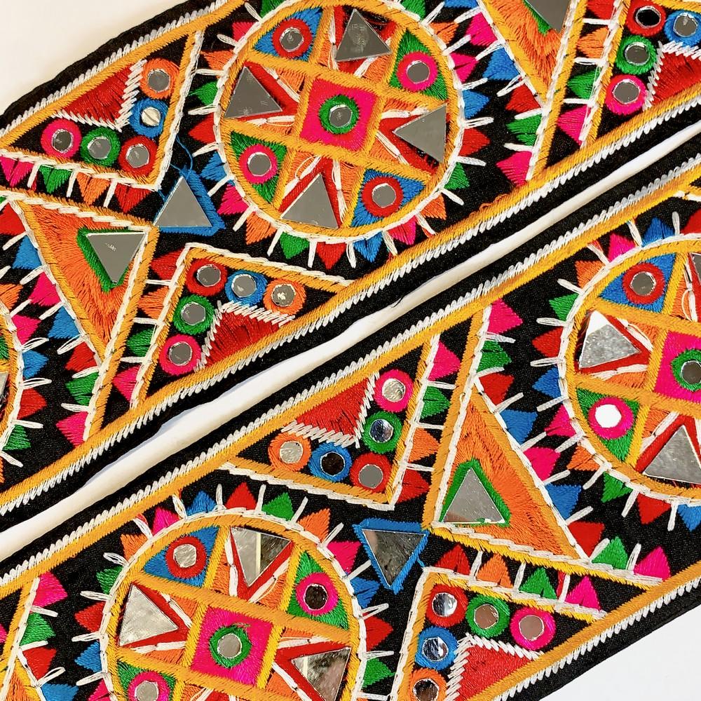 90mm Designer Kutchi Multicolour Embroidery Lace With Mirror Work, view 3
