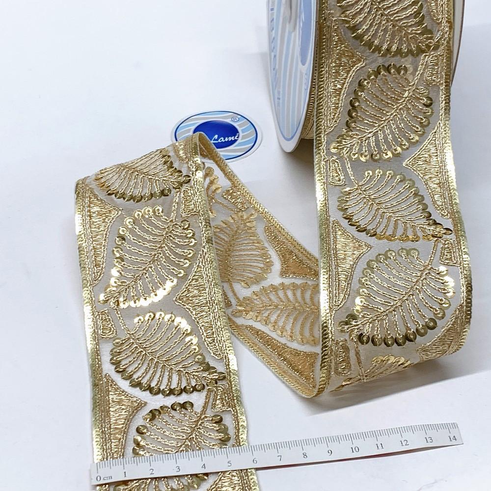 60mm Leaf Design Sequins Embroidery Lace With Dori Work, view 3