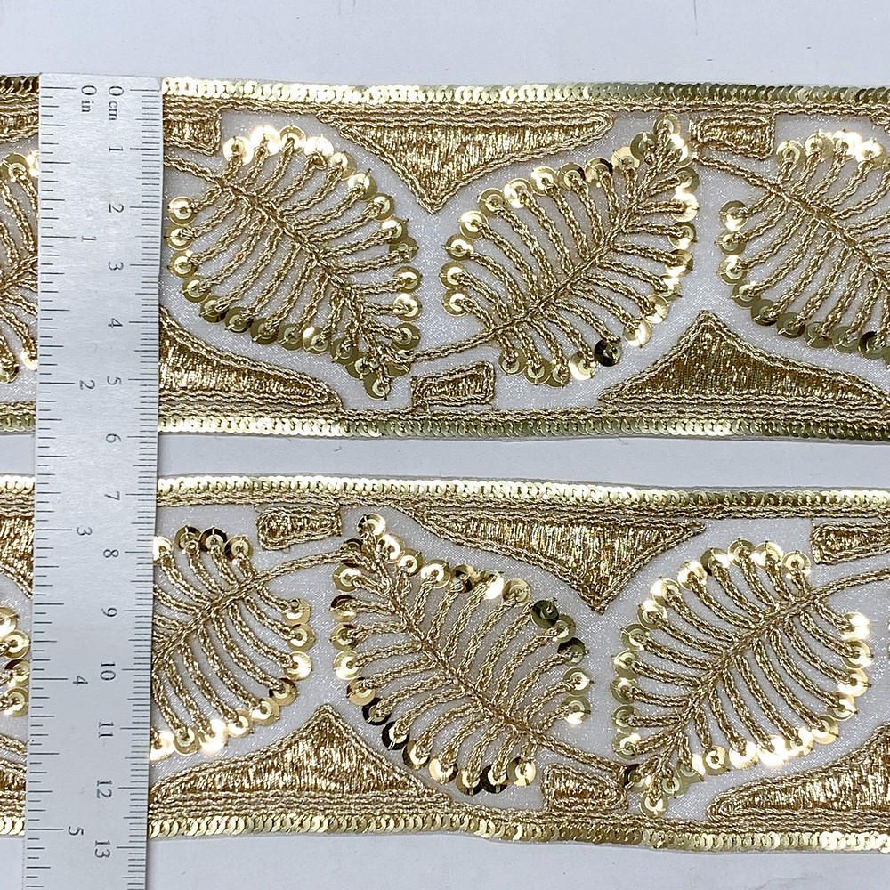 60mm Leaf Design Sequins Embroidery Lace With Dori Work, view 1