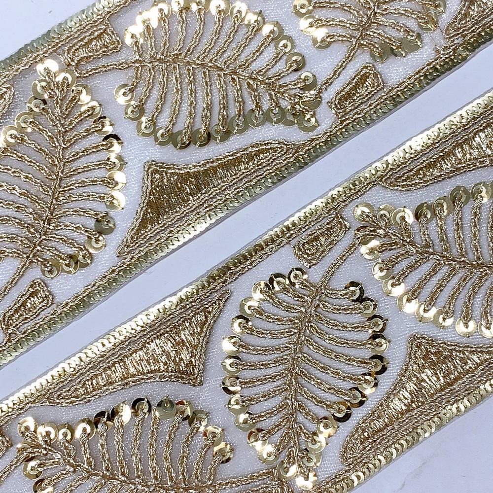 60mm Leaf Design Sequins Embroidery Lace With Dori Work, view 2