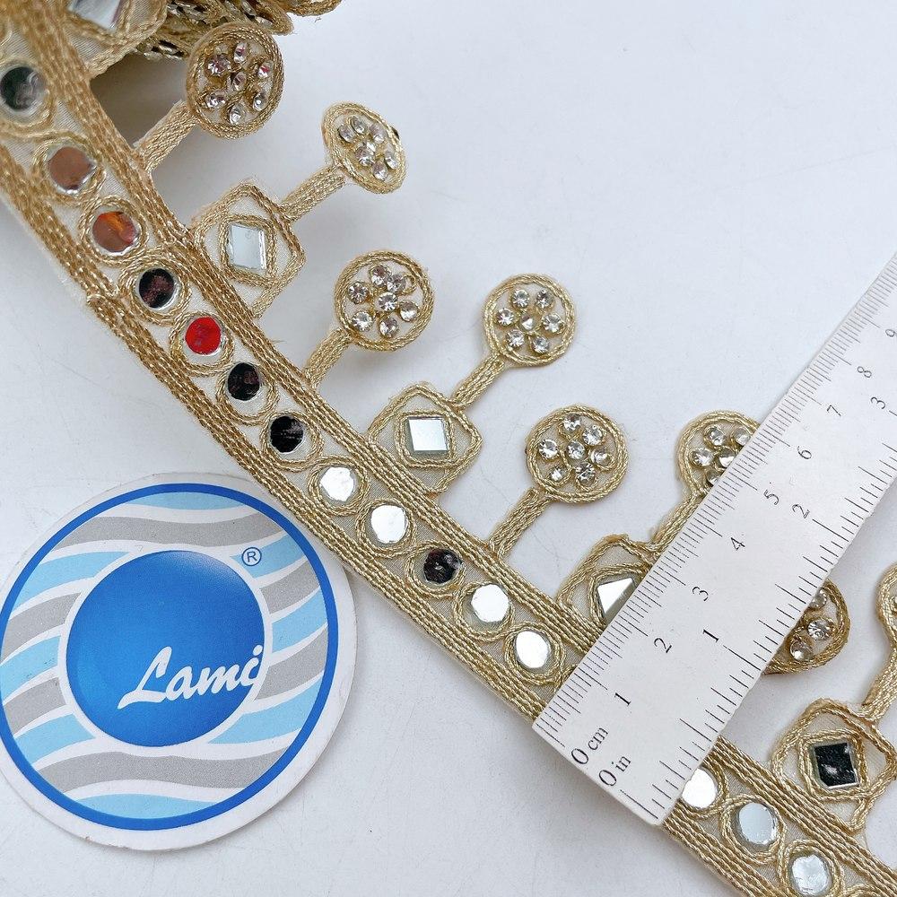 60mm Premium Golden Mirror Lace with Hanging Drops for Designer Ethnic Outfits, view 1