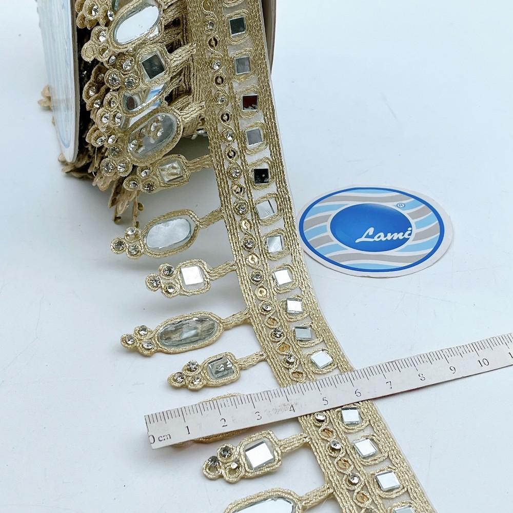 64mm Elegant Mirror Work Golden Lace Trim for Ethnic Wear & Craft Designs, view 1