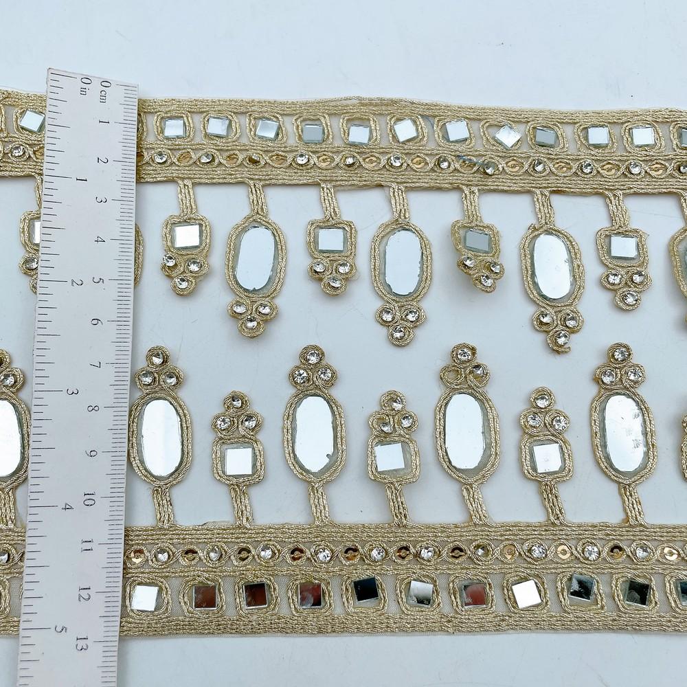 64mm Elegant Mirror Work Golden Lace Trim for Ethnic Wear & Craft Designs, view 2