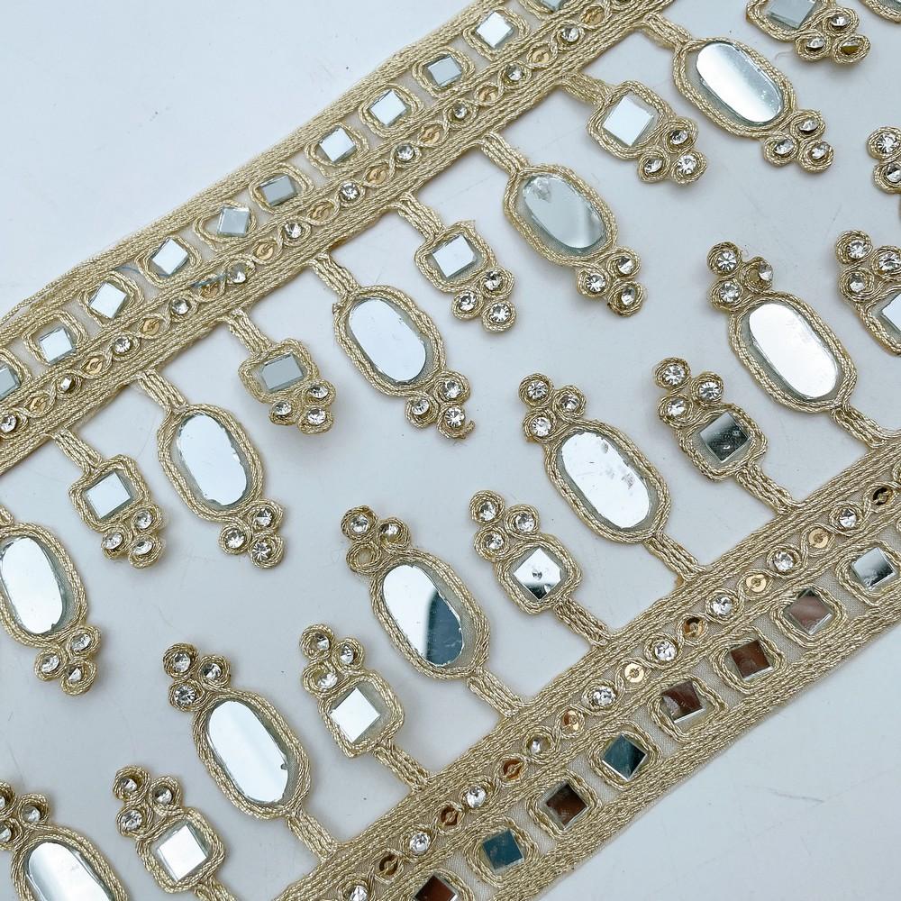 64mm Elegant Mirror Work Golden Lace Trim for Ethnic Wear & Craft Designs, view 3