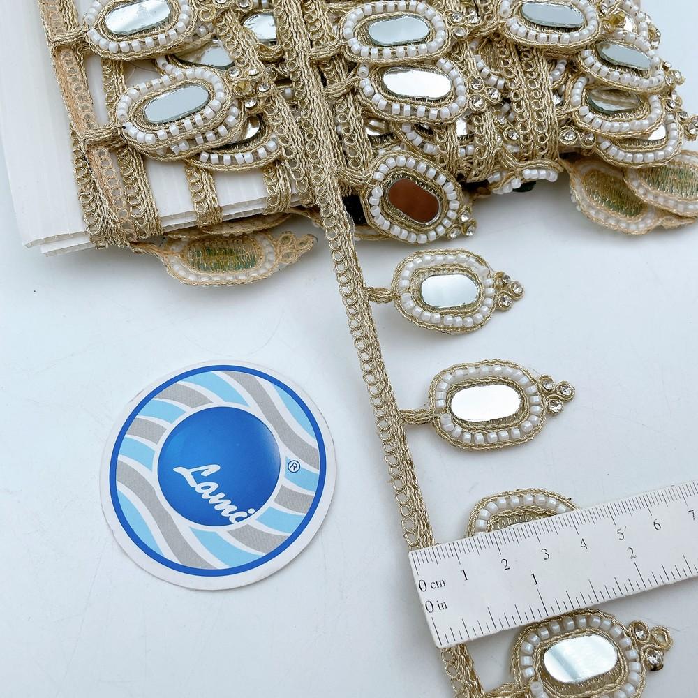 55mm Elegant Golden Mirror Lace with Pearl Bead Detailing for Ethnic & Bridal Wear, view 1
