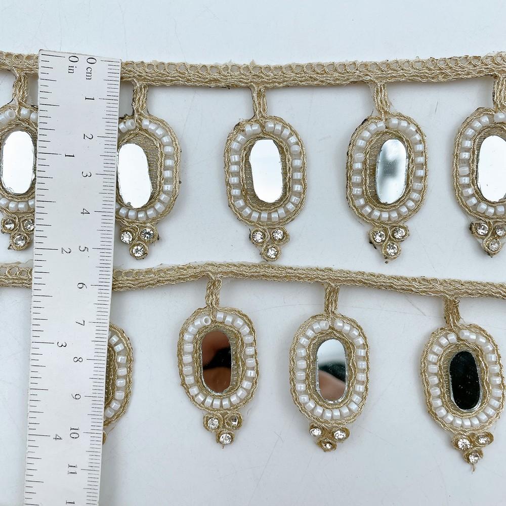 55mm Elegant Golden Mirror Lace with Pearl Bead Detailing for Ethnic & Bridal Wear, view 2
