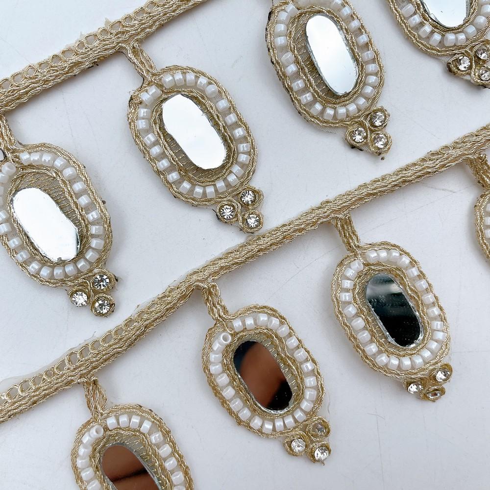 55mm Elegant Golden Mirror Lace with Pearl Bead Detailing for Ethnic & Bridal Wear, view 3