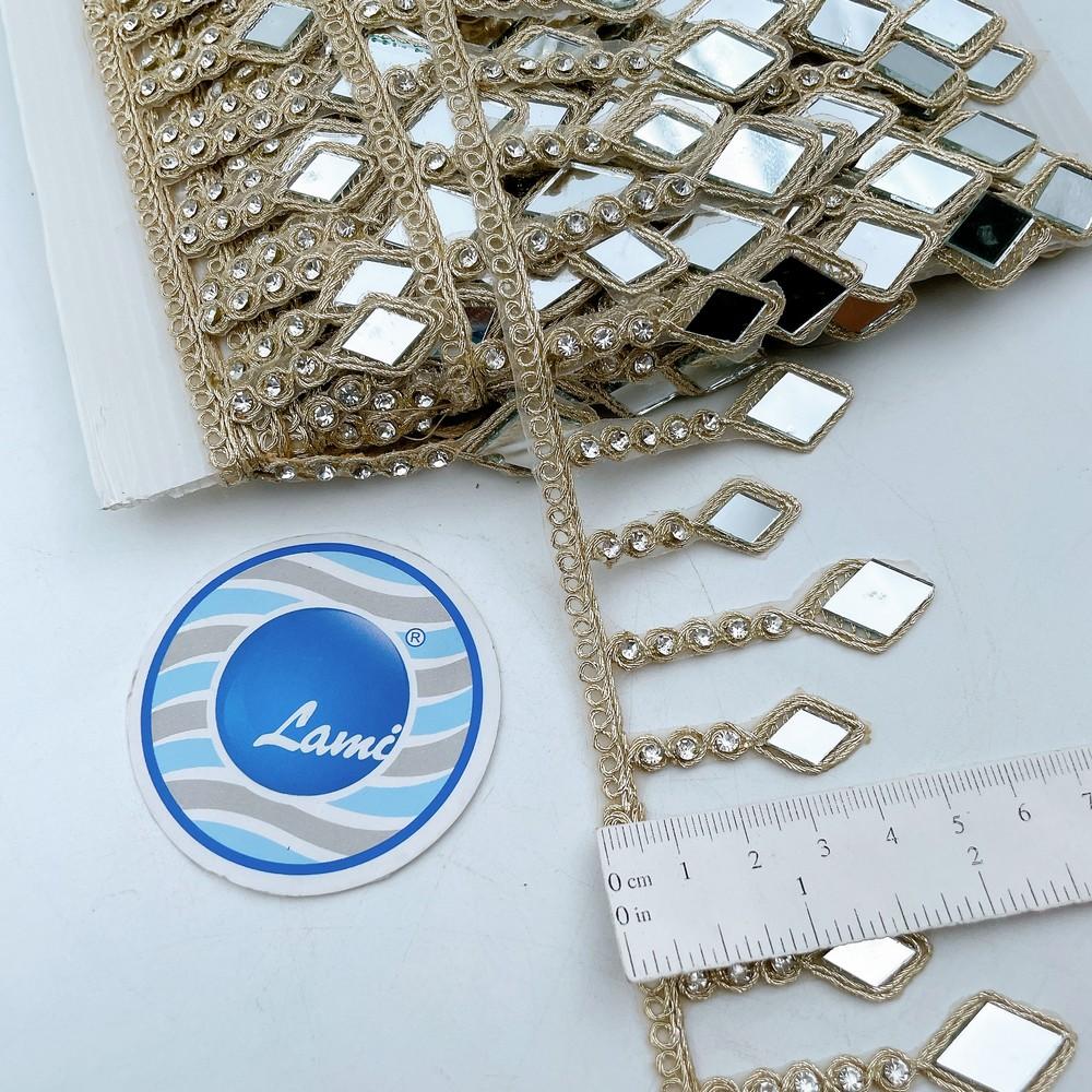 55mm Premium Golden Diamond Mirror Lace with Stone Chain Drops for Ethnic & Bridal Wear, view 1