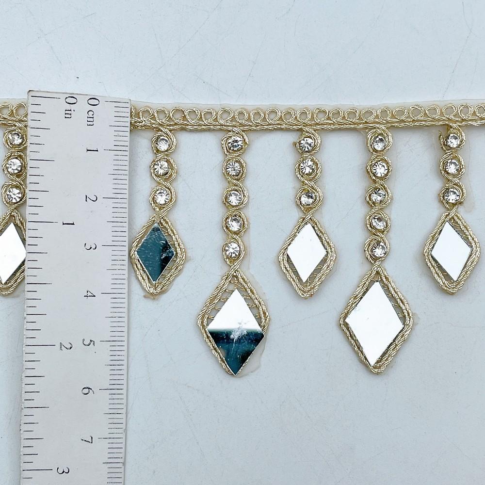 55mm Premium Golden Diamond Mirror Lace with Stone Chain Drops for Ethnic & Bridal Wear, view 2