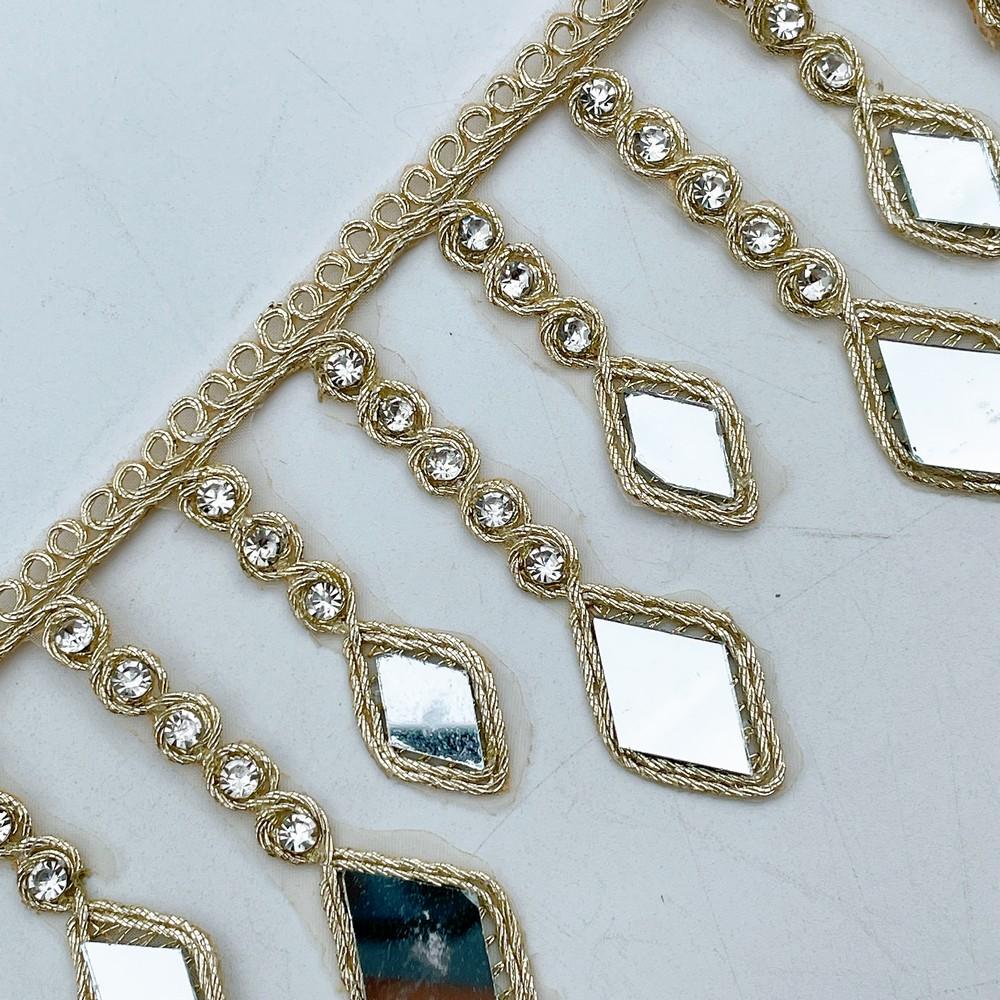 55mm Premium Golden Diamond Mirror Lace with Stone Chain Drops for Ethnic & Bridal Wear, view 3