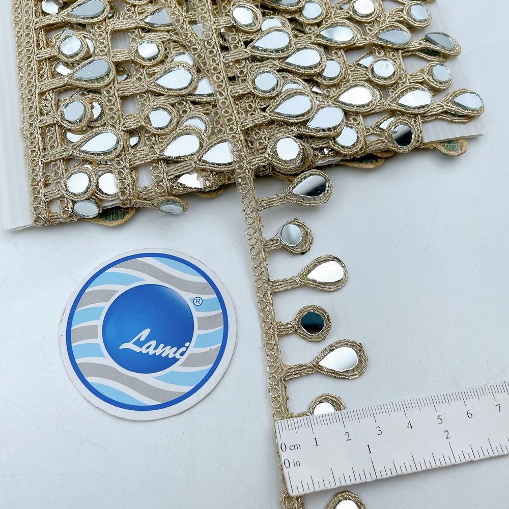 30mm Designer Golden Mirror Lace with Teardrop Hanging Pattern for Ethnic & Bridal Wear, view 1