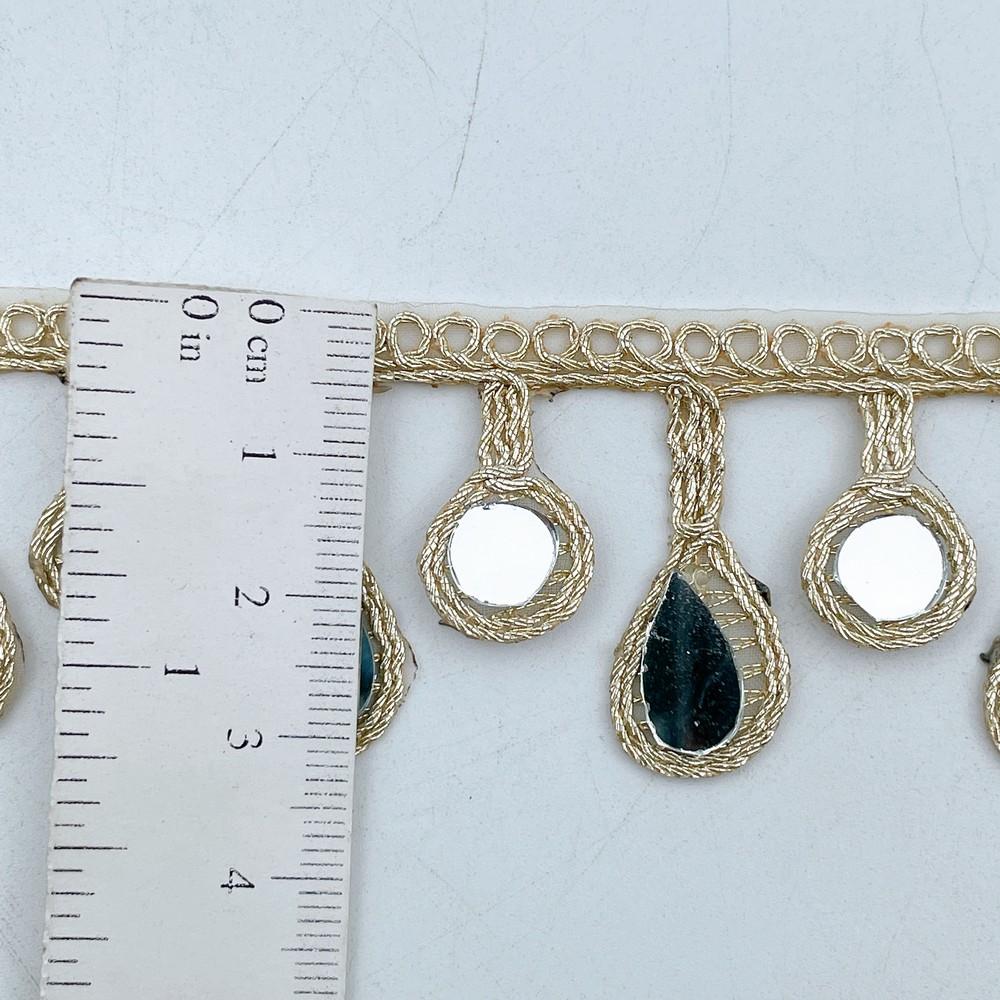 30mm Designer Golden Mirror Lace with Teardrop Hanging Pattern for Ethnic & Bridal Wear, view 2
