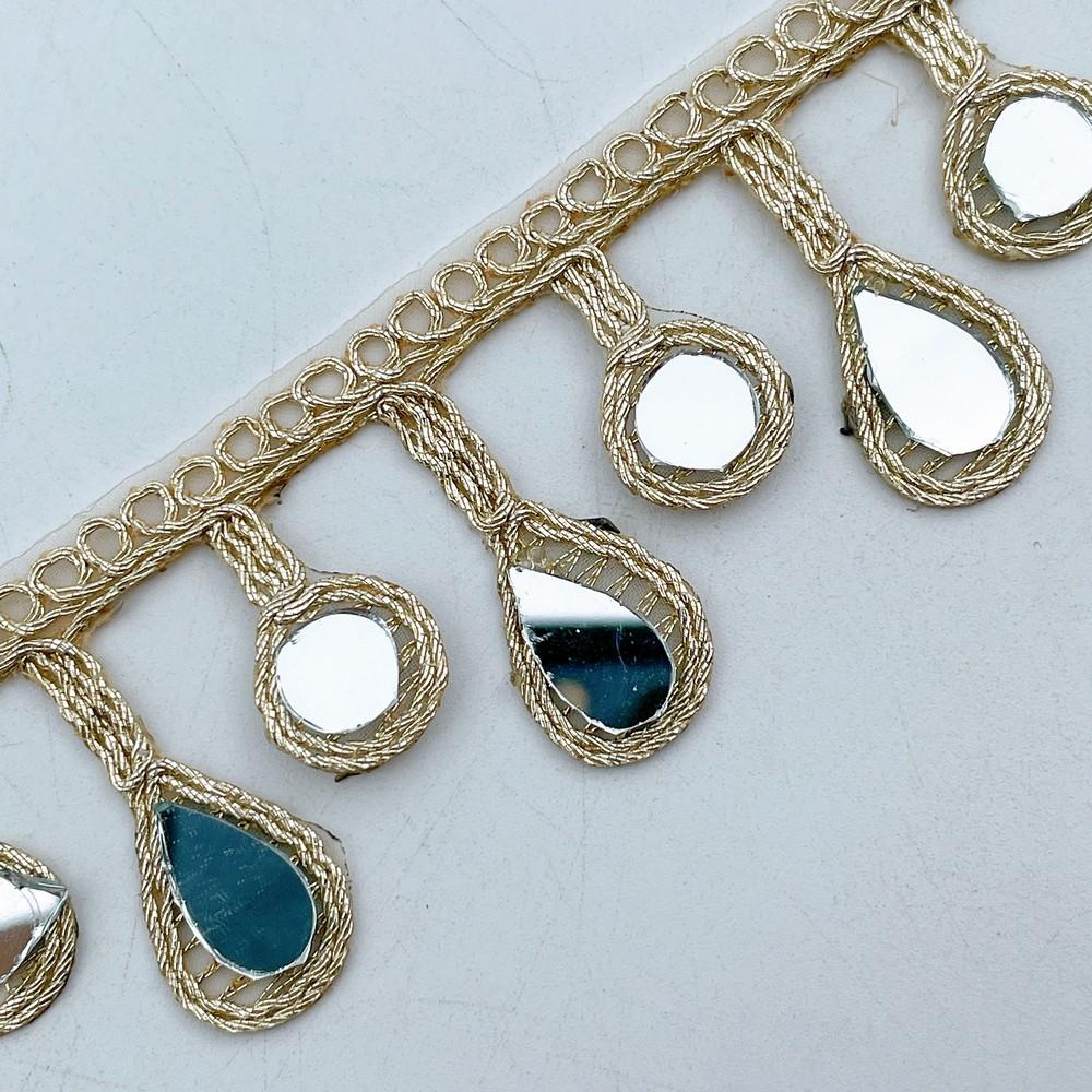 30mm Designer Golden Mirror Lace with Teardrop Hanging Pattern for Ethnic & Bridal Wear, view 3