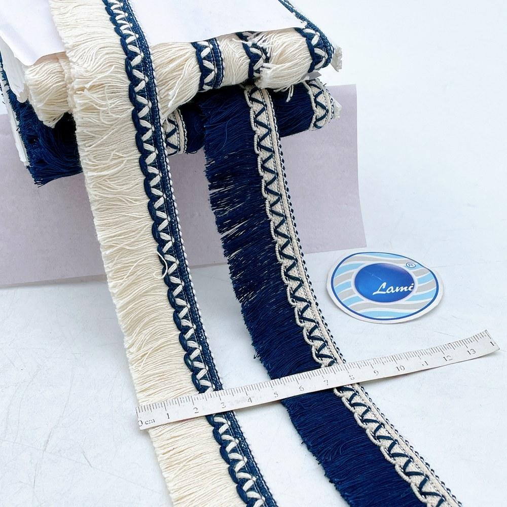 30mm Heavy Navy Denim Tassel Fringe Trim with Woven Header – Statement Apparel Lace, view 1