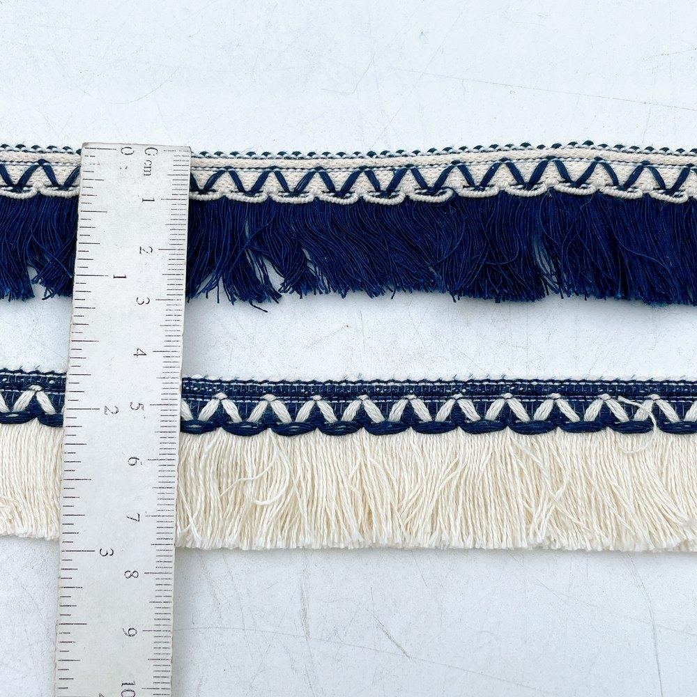 30mm Heavy Navy Denim Tassel Fringe Trim with Woven Header – Statement Apparel Lace, view 2