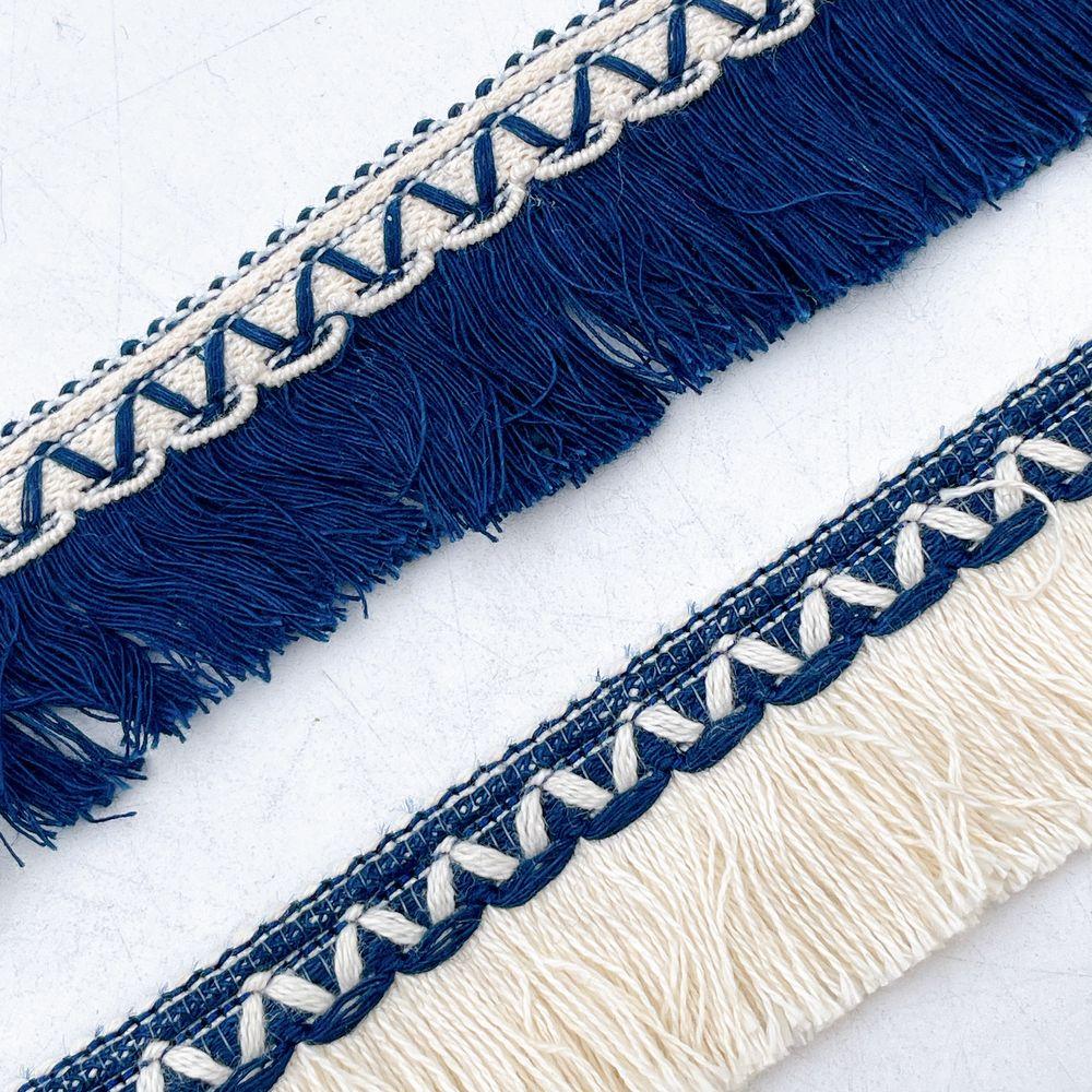 30mm Heavy Navy Denim Tassel Fringe Trim with Woven Header – Statement Apparel Lace, view 3
