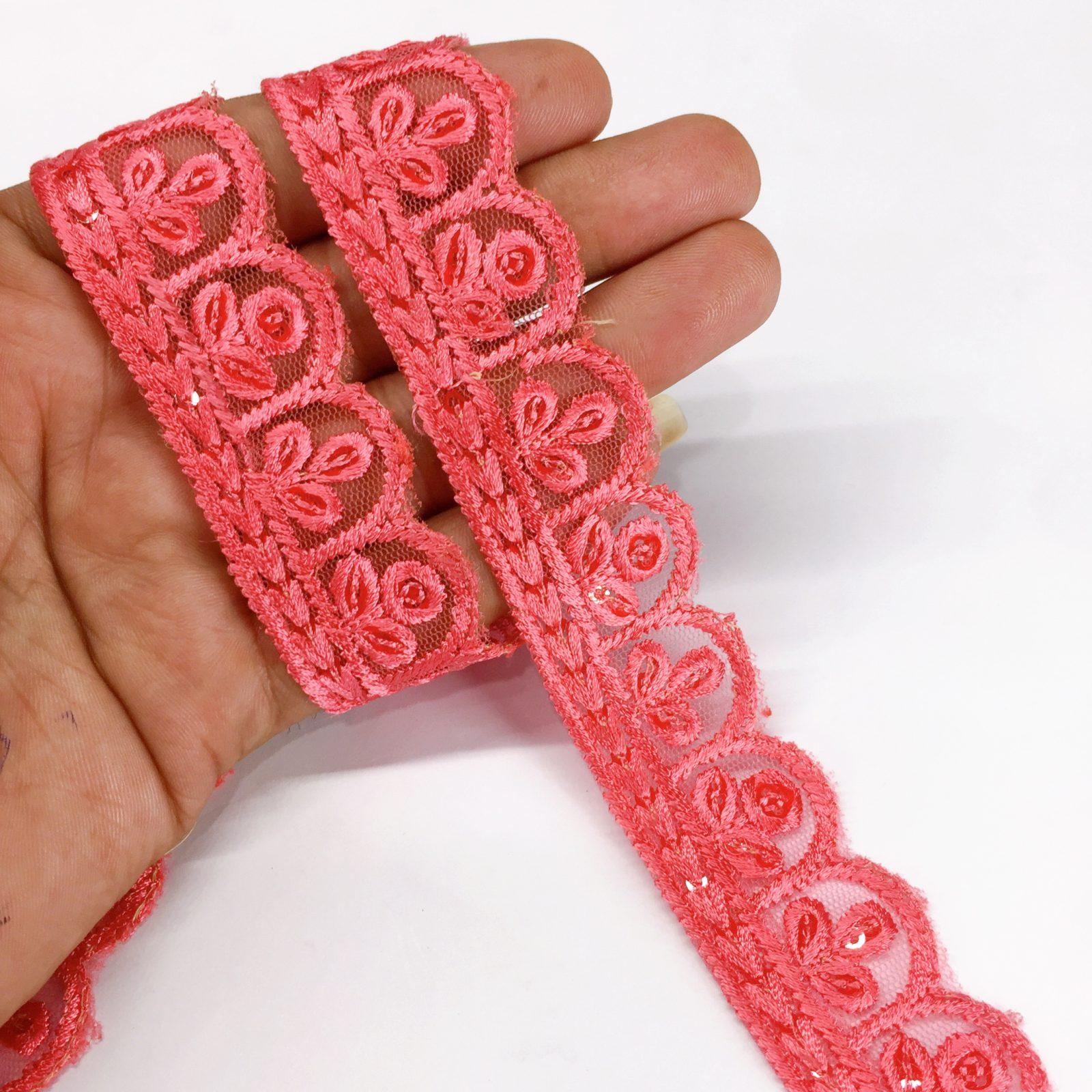 25mm Jute Flower Design Embroidery Cutwork lace with Matching Sequins Work Border, shown on white cotton