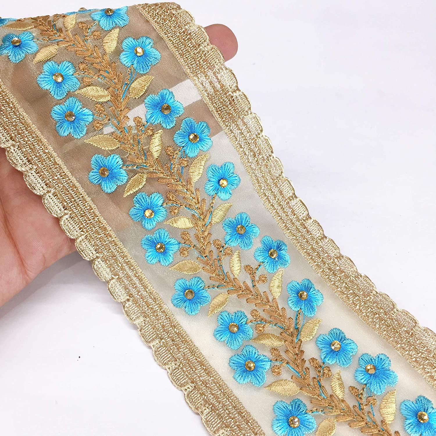 80mm Creeper Design Embroidery With Diamond Work and Gold Lace Piping, shown on white cotton