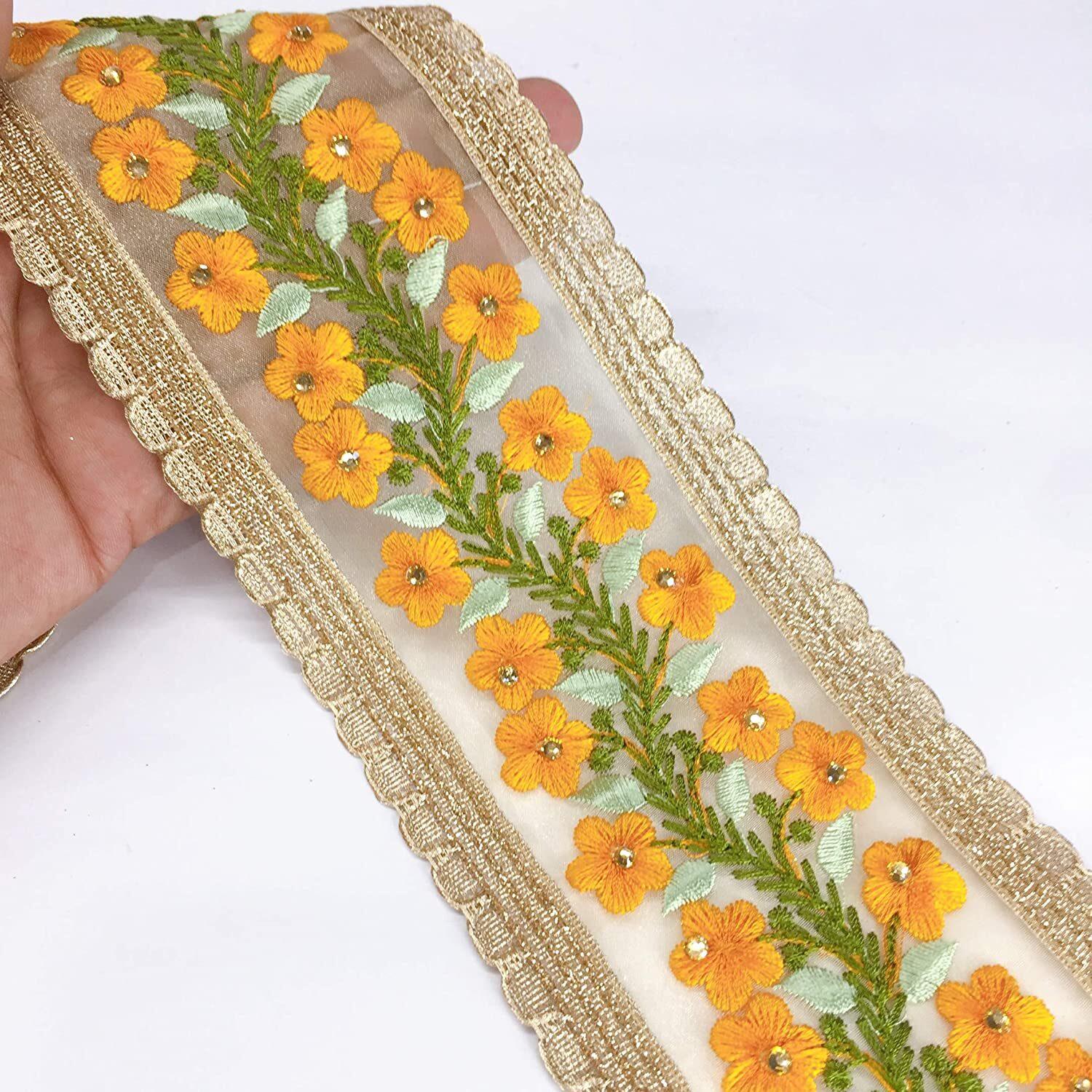 80mm Creeper Design Embroidery With Diamond Work and Gold Lace Piping, shown on white cotton