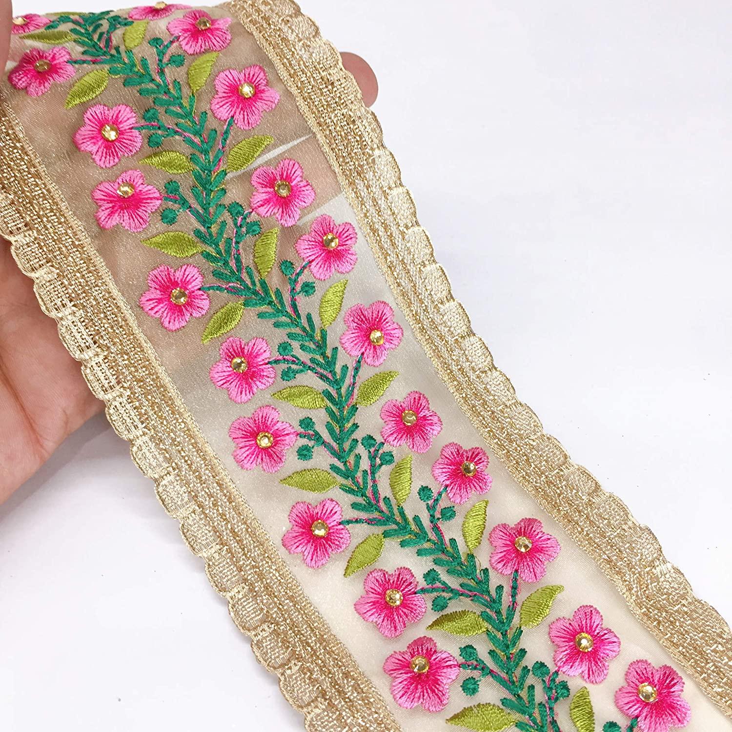 80mm Creeper Design Embroidery With Diamond Work and Gold Lace Piping, shown on white cotton