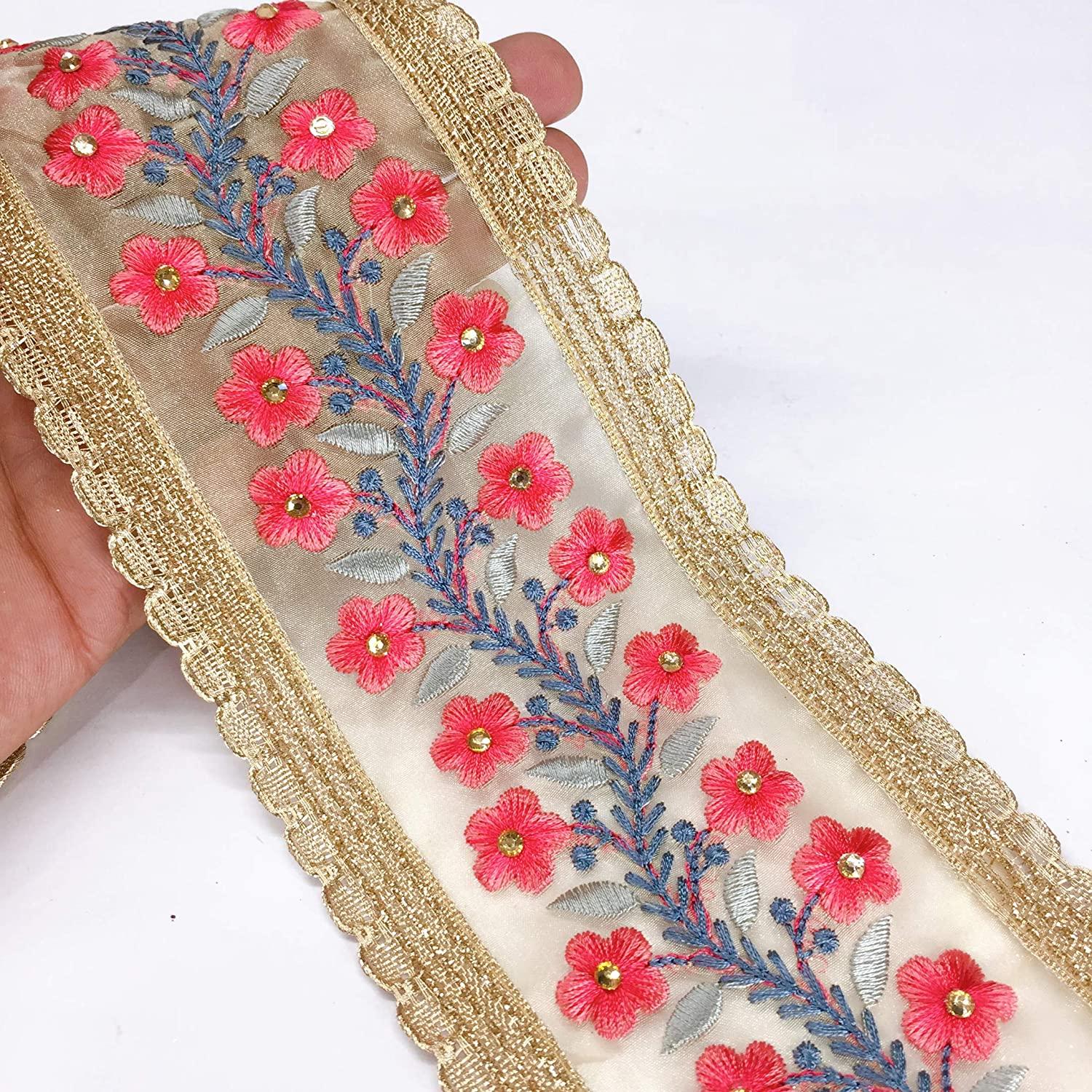 80mm Creeper Design Embroidery With Diamond Work and Gold Lace Piping, shown on white cotton