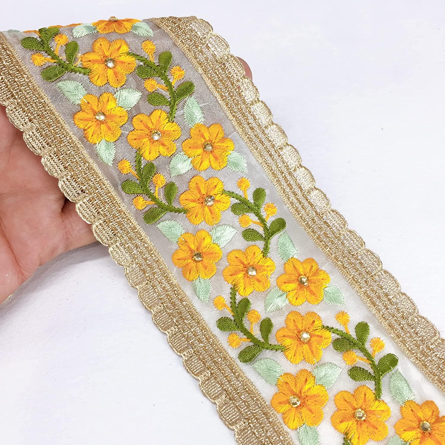 80mm Flower Design Embroidery With Diamond Work and Gold Lace Piping, shown on white cotton