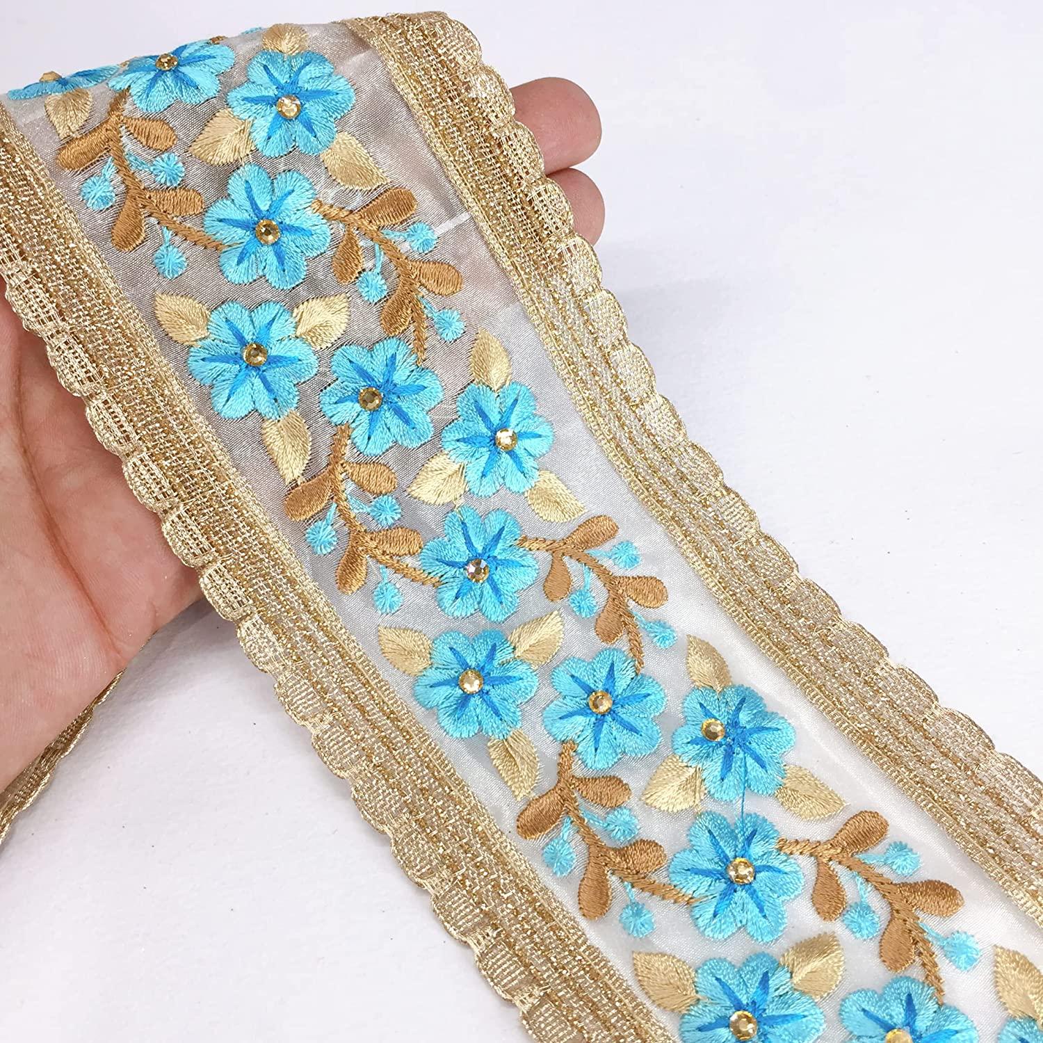 80mm Flower Design Embroidery With Diamond Work and Gold Lace Piping, shown on white cotton