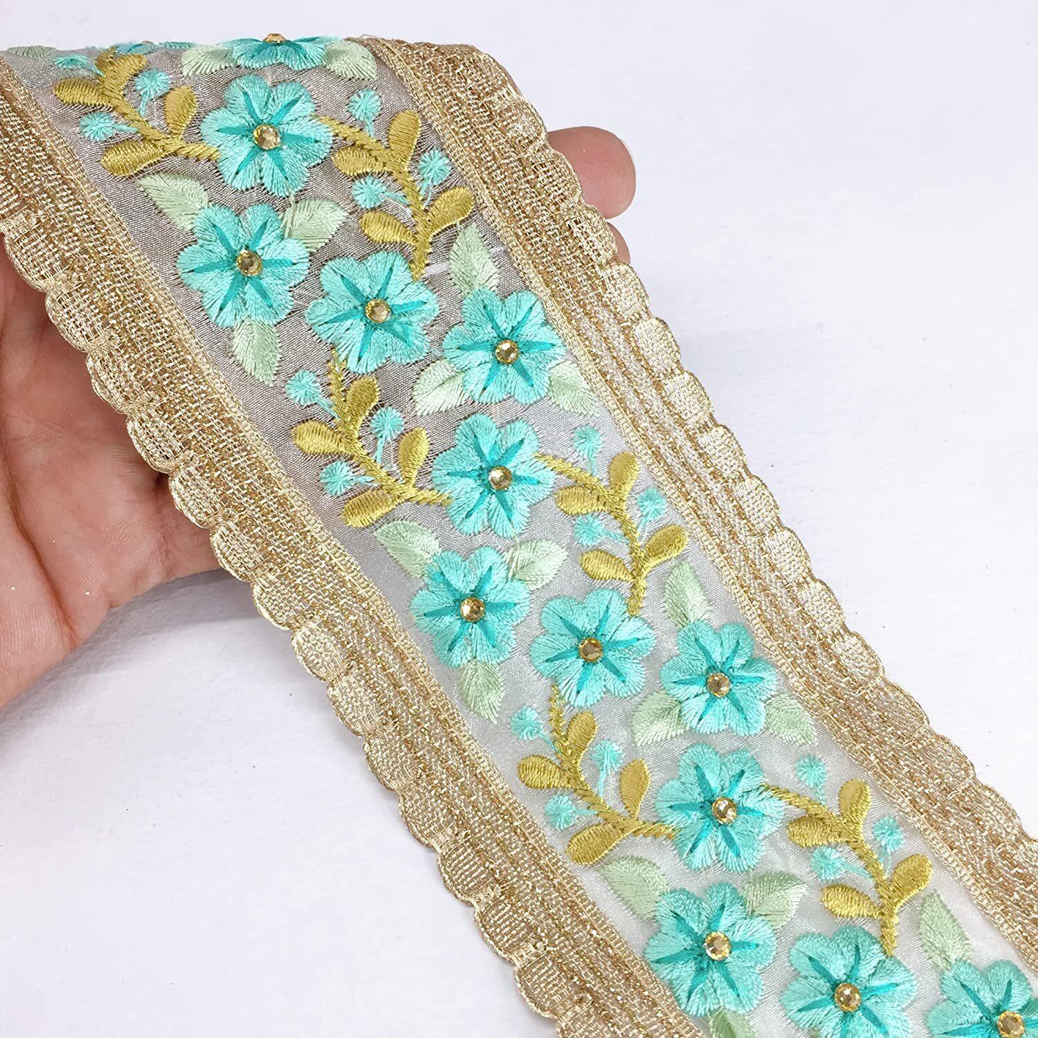 80mm Flower Design Embroidery With Diamond Work and Gold Lace Piping, shown on white cotton