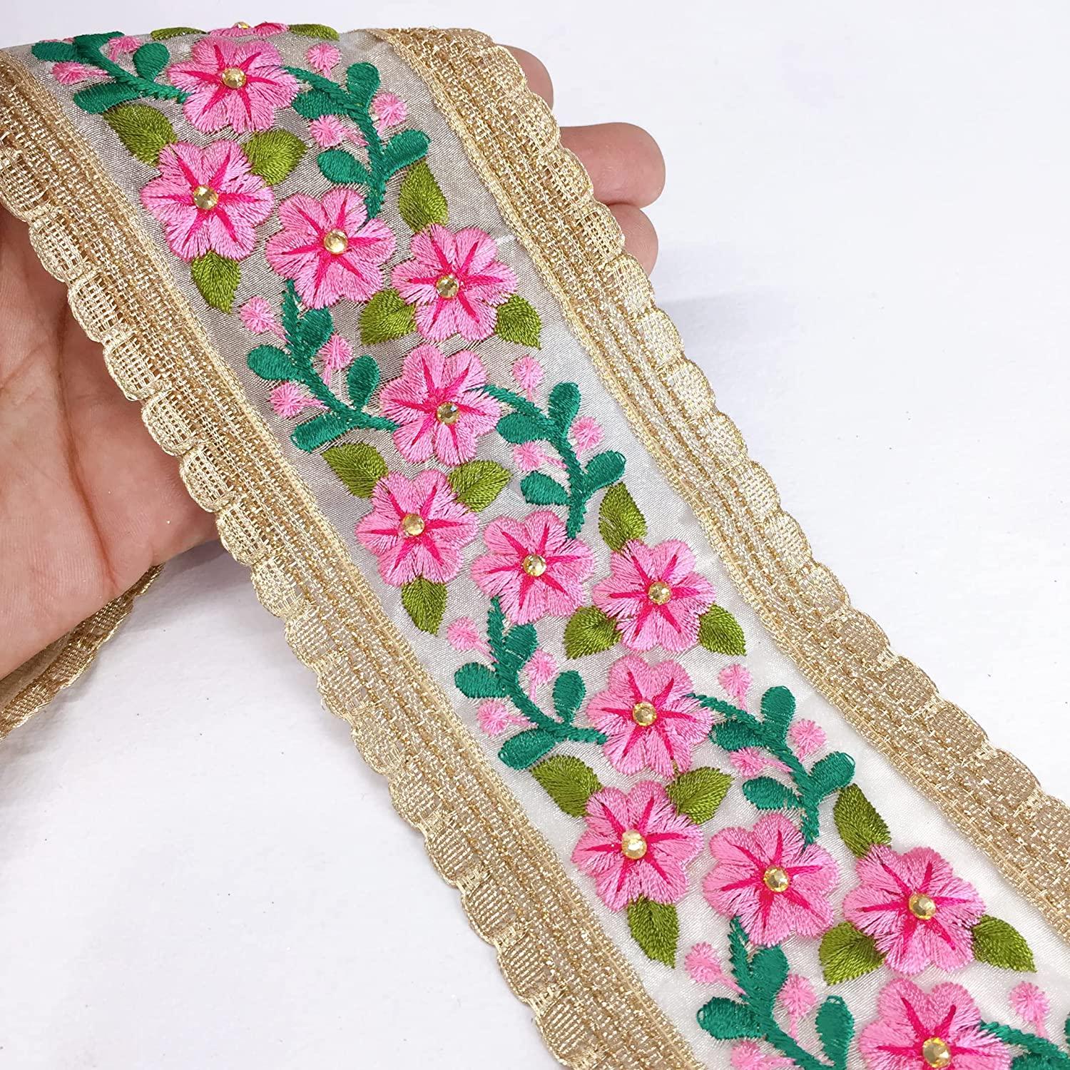 80mm Flower Design Embroidery With Diamond Work and Gold Lace Piping, shown on white cotton